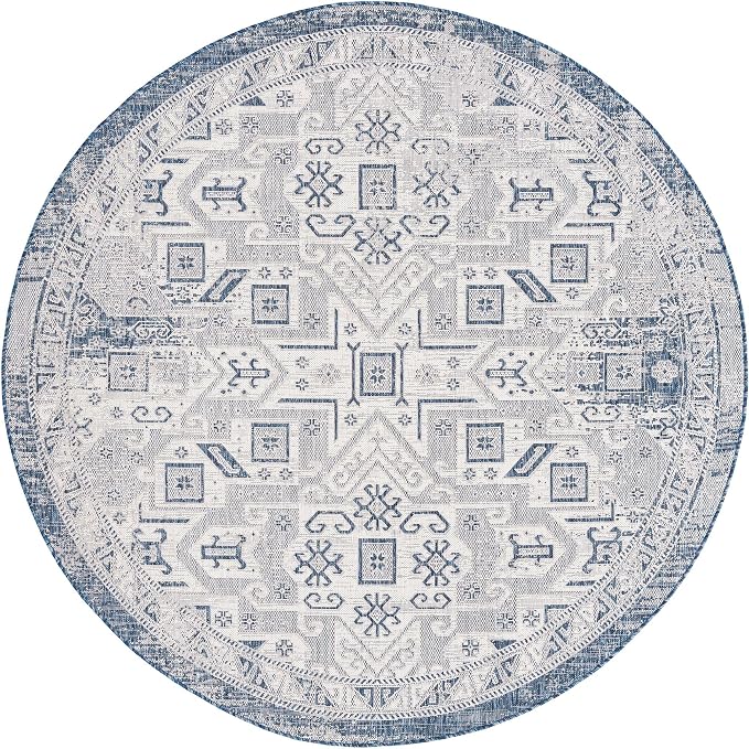 Unique Loom Outdoor Aztec Collection Area Rug - Coba (7' 10" Round, Blue/ Ivory)