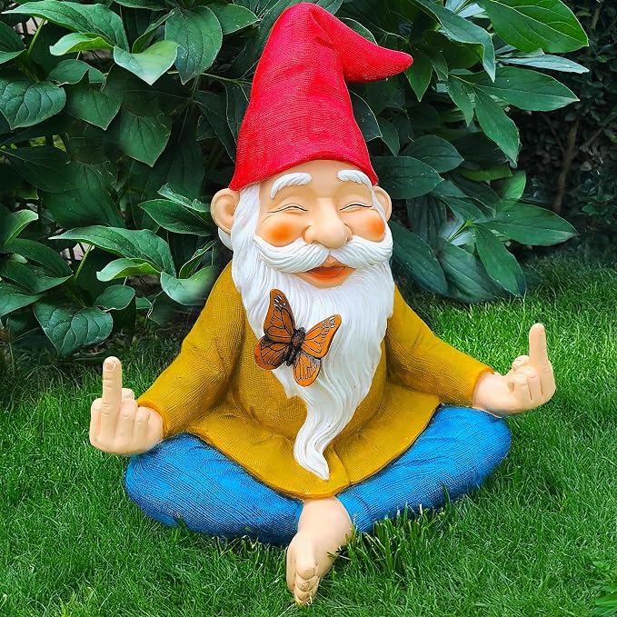 Mood Lab Zen Garden Gnome - Relaxed Yoga Gnome with Middle Finger - 9.25 Inch Tall Outdoor or Indoor Decor