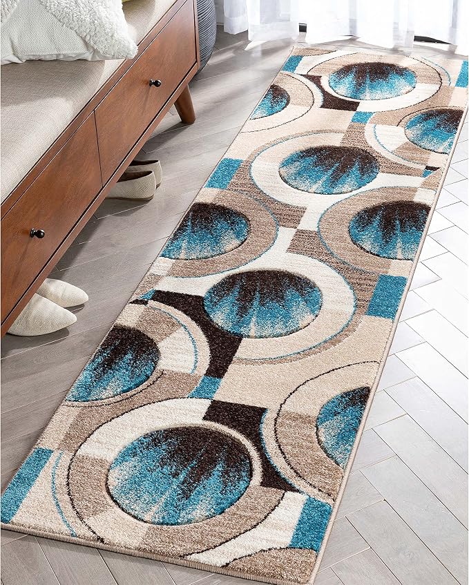 Well Woven Ruby Geometric 2x7 Runner Blue & Grey Vibrant Modern Contemporary Hand Carved Sunburst Design Perfect for Hallways & Entryways Plush Easy-Care Easy-to-Clean