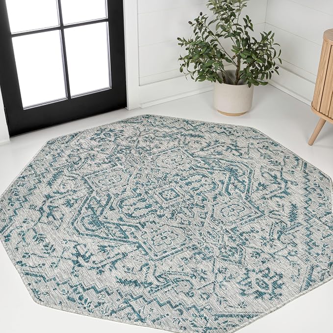 JONATHAN Y Boho Medallion Indoor Outdoor Octagon Area Rug 5 Ft Teal/Gray, Estrella Textured Weave for Backyard, Patio, Porch, Easy-Cleaning, High Traffic, Pet-Friendly, Non-Shedding (SMB105C-5TGN)