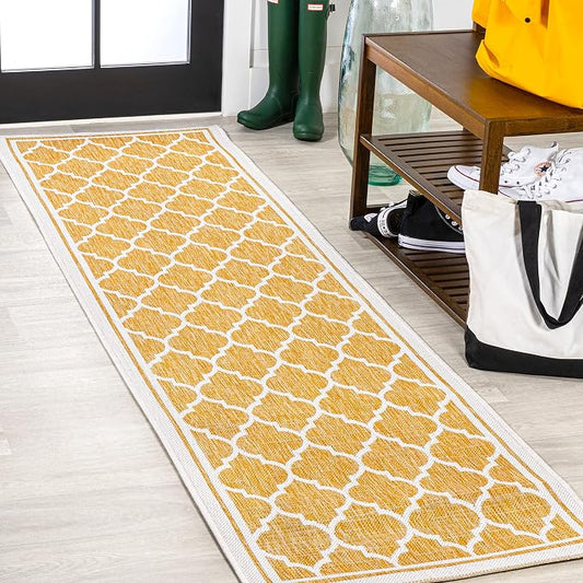 JONATHAN Y Moroccan Trellis Indoor Outdoor Runner Rug 2X10 Yellow/Cream, Trebol Textured Weave for Backyard, Patio, Porch, Easy-Cleaning, High Traffic, Pet-Friendly, Non-Shedding (SMB109F-210)