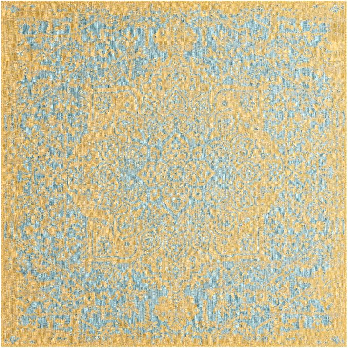 Unique Loom Jill Zarin Jill Zarin Outdoor Collection Area Rug - Dubai (7' 10" Square, Yellow and Aqua/Light Blue)