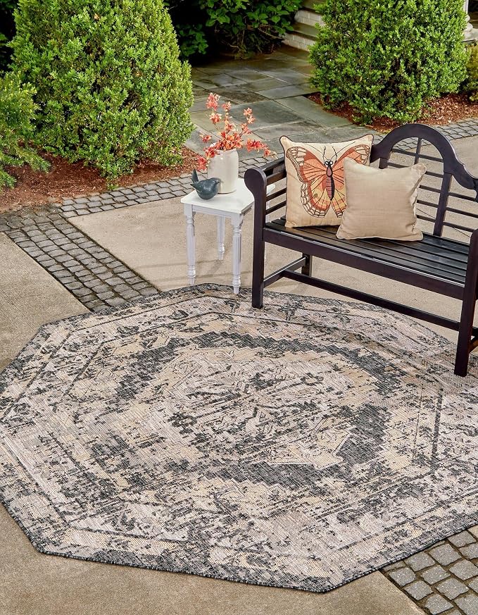Unique Loom Outdoor Traditional Collection Area Rug - Valeria (5' 3" Octagon, Charcoal/ Natural)