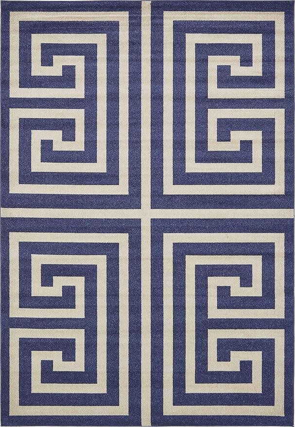 Unique Loom Athens Collection Classic Geometric Modern Border Design Area Rug (8' 0 x 11' 4 Rectangular, Navy Blue/ Beige)