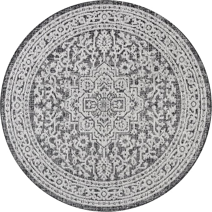 JONATHAN Y Medallion Weave Indoor Outdoor Round Area Rug 9 Ft Gray/Black, Sinjuri Textured for Backyard, Patio, Porch, Easy-Cleaning, High Traffic, Pet-Friendly, Non-Shedding (SMB101D-9R)