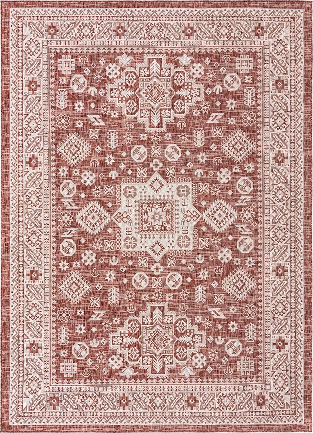 Unique Loom Outdoor Aztec Collection Area Rug - Chalca (7' 10" x 11' Rectangle, Rust Red/ Ivory)
