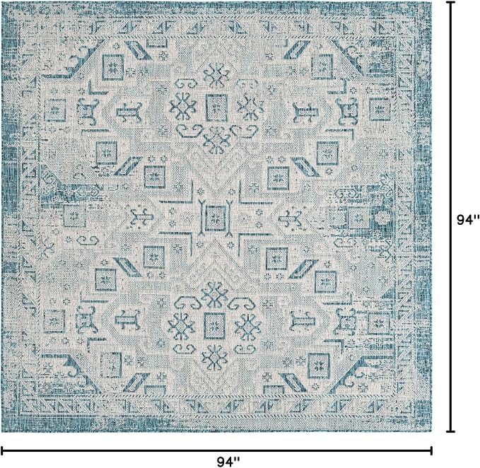 Unique Loom Outdoor Aztec Collection Area Rug - Coba (7' 10" Square, Teal/ Ivory)