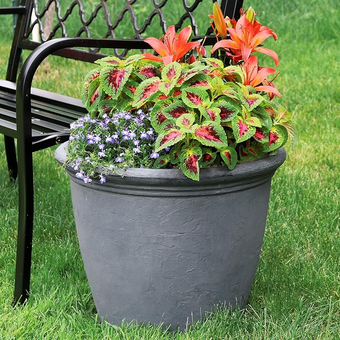 Sunnydaze 20-Inch Anjelica Large Plastic Pot for Plants - Outdoor Double-Walled Large Plastic Planter with Drillable Drainage Holes - Slate