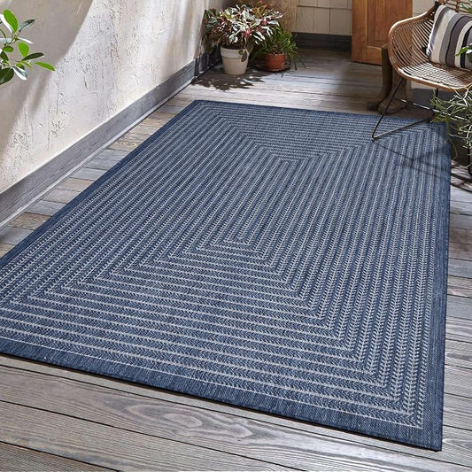 Adiva Rugs Outdoor Indoor Area Rug, Weather Resistant, Easy to Clean, Stain Resistant Floor Mat for Dining Room, Backyard, Deck, Patio (Navy Weiss, 9' x 12')
