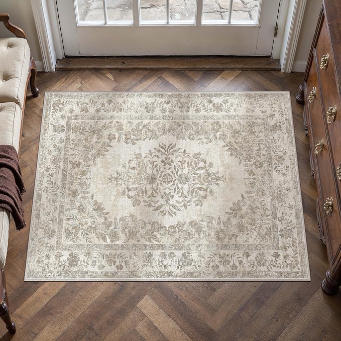 2x3 Washable Area Rug Entryway Cream Beige Vintage Doormat | Soft Low Pile, Non Slip, Stain Resistant, Floral Medallion, Neutral Retro Decor for Kitchen, Bathroom, Bedroom, Office