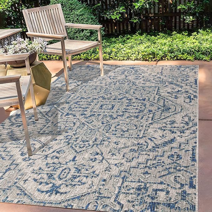 JONATHAN Y Boho Medallion Indoor Outdoor Area Rug 3X5 Navy/Gray, Estrella Textured Weave for Backyard, Patio, Porch, Easy-Cleaning, High Traffic, Pet-Friendly, Non-Shedding (SMB105B-3)