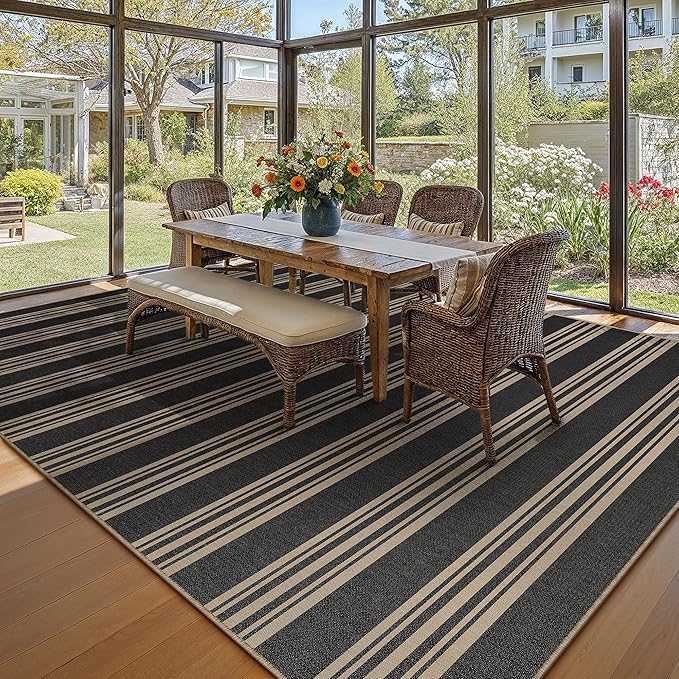 PureCozy Striped Easy Jute Rug 5x7 Black Living Room Carpet Washable Non Slip Bedroom Office Rug Farmhouse Neutral Non Shedding Indoor Outdoor Large Carpet for Kitchen Dining Room