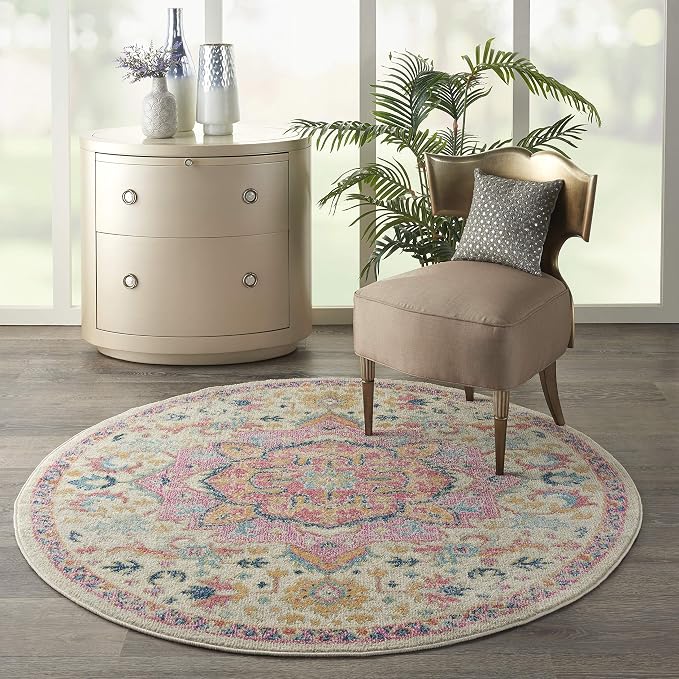 Nourison Home Passion Ivory Pink 4' x Round Area Rug - Easy Clean, Non Shedding, Bed Room, Living Room, Dining Room, Kitchen (4' x Round)