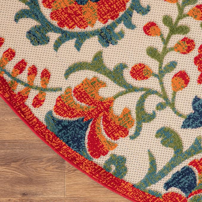 Nourison Home Aloha Red Multicolor 7'10" x Round Area Rug - Easy Clean, Non Shedding, Bed Room, Living Room, Dining Room, Kitchen (8' x Round)