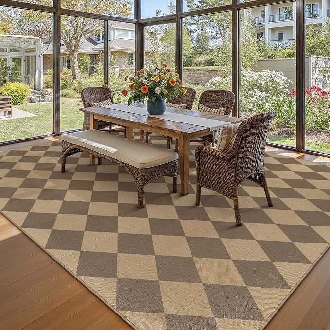 PureCozy 9x12 Checkered Easy Jute Area Rug for Living Room Large Checkerboard Washable Indoor Outdoor Carpet Farmhouse Patio Office Mat Geometric Non Slip Brown Carpet for Backyard Dining Room