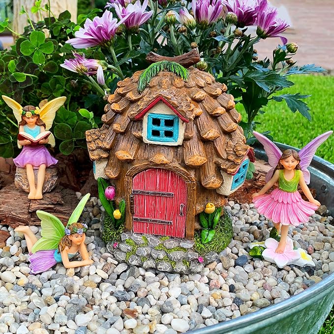 Mood Lab Fairy Garden Figurines - Pinecone Fairy House Set (4 pcs) - Miniature Decorative Statues & Accessories - Outdoor & Indoor Garden Decor
