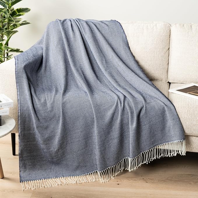 PAVILIA Navy Blue Herringbone Throw Blanket for Couch Bed, Decorative Outdoor Throw Blanket, Faux Cashmere Blanket Throw, Lightweight Accent Sofa Blanket Throw, 50x60