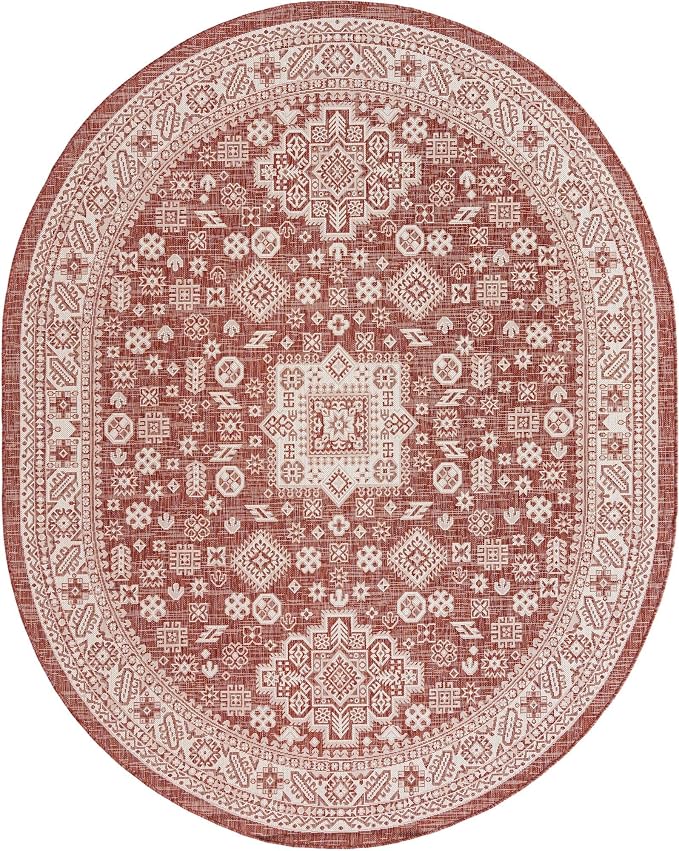 Unique Loom Outdoor Aztec Collection Area Rug - Chalca (7' 10" x 10' Oval, Rust Red/ Ivory)