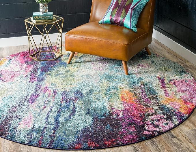 Unique Loom Chromatic Collection Modern Colorful & Vibrant Abstract Area Rug For Any Home Décor (8' 0 x 8' 0 Round, Multi/ Light Blue)