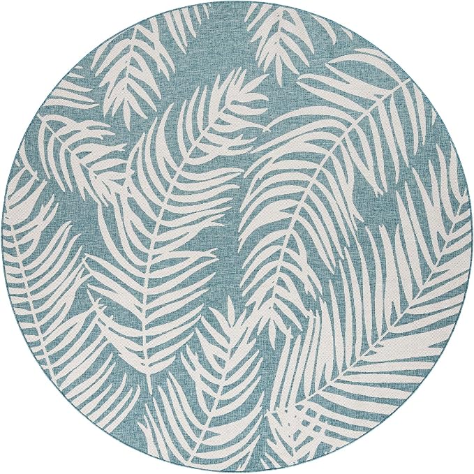 Unique Loom Outdoor Botanical Collection Area Rug - Palm (10' Round Light Aqua/Ivory)