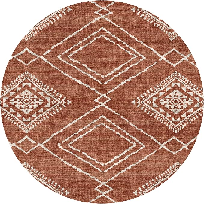 Machine Washable Area Rug - Living Room Bedroom Bathroom Kitchen Entryway Office - Non Slip Low Pile Stain Resistant Premium - Moroccan Diamond Tribal - Jax - Orange 4' Round