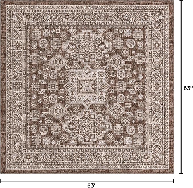 Unique Loom Outdoor Aztec Collection Area Rug - Chalca (5' 3" Square, Brown/ Ivory)