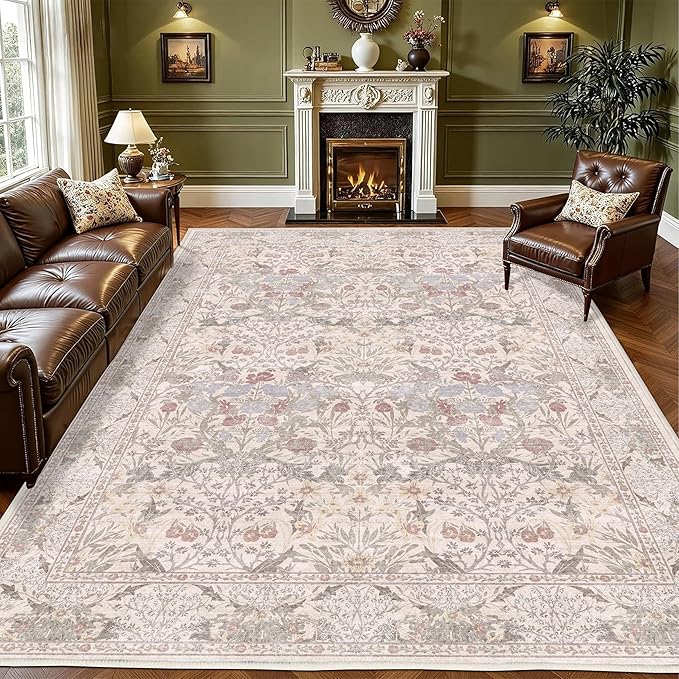 5x7 Washable Rug Vintage Floral Beige Area Rug Non Slip Low Pile Large Rugs for Living Room, Bedroom, Farmhouse, Dining Room, Kids Playroom