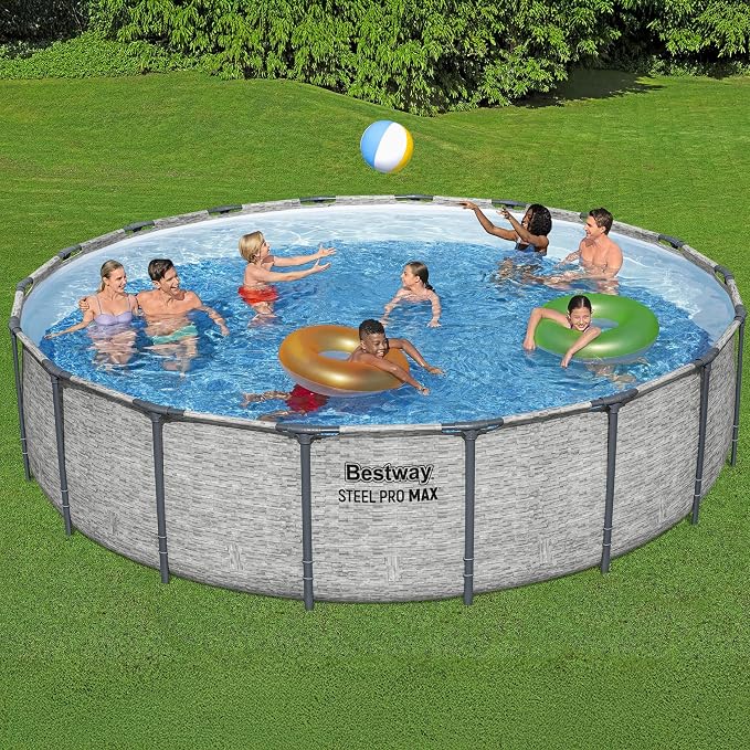 Bestway Steel Pro MAX 18' x 48" Above Ground Swimming Pool Set with Pump | Durable Round Metal Frame Outdoor Backyard Pool, Puncture-Resistant Liner - Ladder and Cover Included, Stacked Stone Print