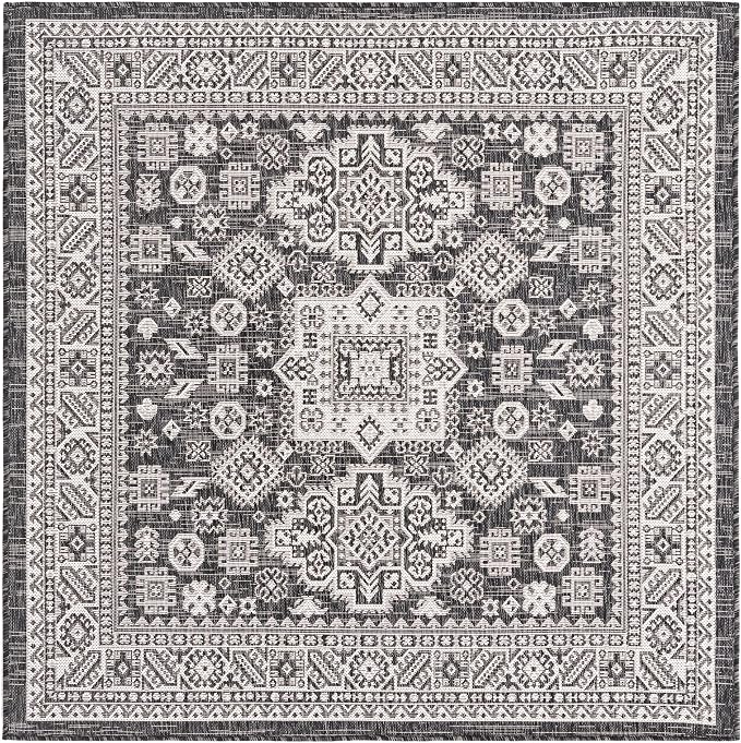 Unique Loom Outdoor Aztec Collection Area Rug - Chalca (5' 3" Square, Charcoal Gray/ Ivory)
