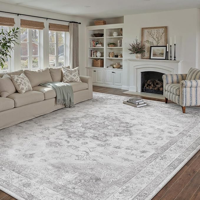 Grey 8x10 Washable Area Rug Living Room Vintage Oriental Carpet | Soft Low Pile, Non Slip, Stain Resistant, Floral Medallion, Neutral Retro Decor for Bedroom, Dining Room, Kids Room, Office