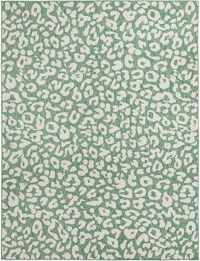 Unique Loom Outdoor Safari Collection Area Rug - Leopard (9' x 12' 2" Rectangle, Green Blue/ Ivory)