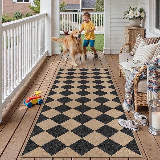PureCozy 2'6"x8' Checkered Easy Jute Runner Rug Non Slip Hallway Kitchen Washable Outdoor Rug for Entryway Indoor Checkerboard Black Indoor Outdoor Long Carpet for Bedside Entry Front Door Porch