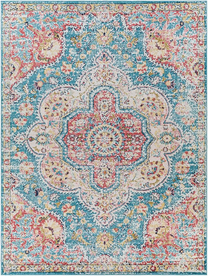 Livabliss Area Rugs - 8x10 Romaine Vintage Boho Navy Sky Blue Rose Area Rug for Living Room Bedroom - Floral Medallion Stain Resistant Carpet for Kitchen, Nursery, Office (7'10" x 10'3")