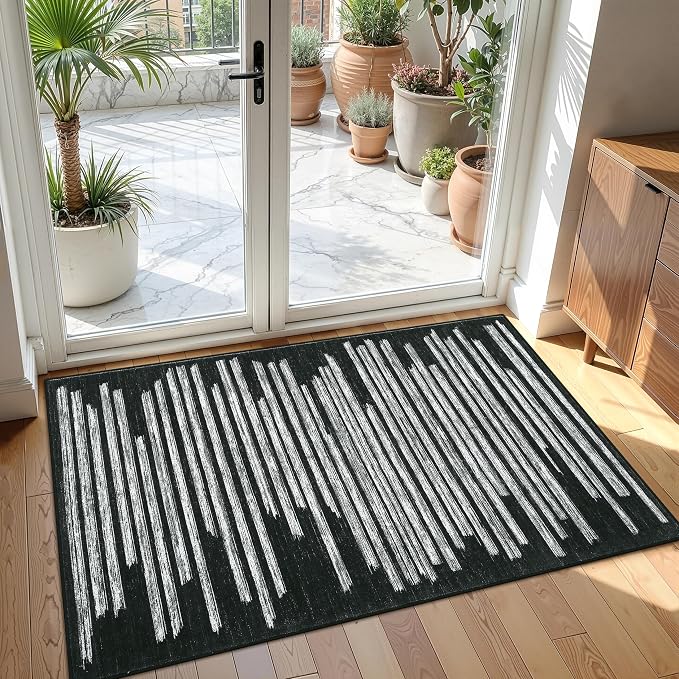 GarveeHome Black 2x3 Small Area Rug for Entryway Machine Washable Non Slip | Modern Striped Soft Bedroom Carpet Geometric Stain Resistant Low Pile Doormat for Kitchen Hallway Laundry Room