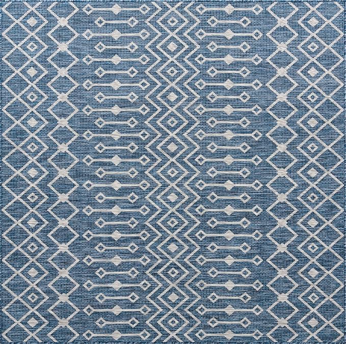 Unique Loom Outdoor Trellis Collection Area Rug - Tribal Trellis (8' Square, Blue/ Ivory)