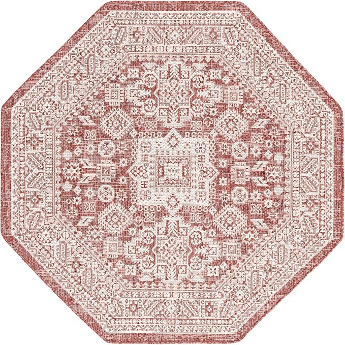 Unique Loom Outdoor Aztec Collection Area Rug - Chalca (5' 3" Octagon, Rust Red/ Ivory)
