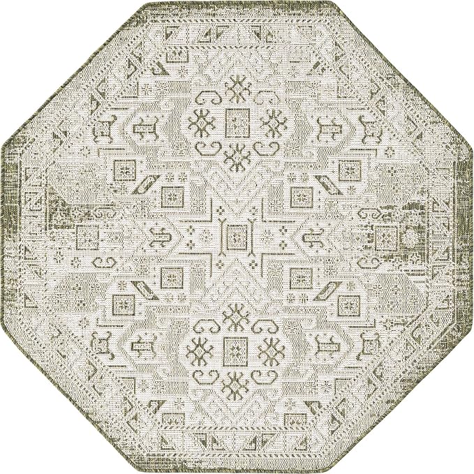 Unique Loom Outdoor Aztec Collection Area Rug - Coba (5' 3" Octagon, Green/ Ivory)