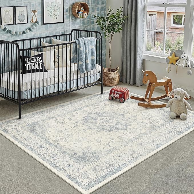 3x5 Blue Washable Area Rug Non Slip Vintage Carpet | Low Pile, Stain Resistant, Living Room, Kitchen, Bedroom, Entryway, Nursery, Laundry Room, Hallway, Soft, Thin, Lightweight