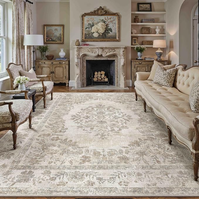 7x10 Washable Area Rug Living Room Cream Beige Vintage Carpet | Soft Low Pile, Non Slip, Stain Resistant, Floral Medallion, Neutral Retro Decor for Bedroom, Dining Room, Kids Room, Office