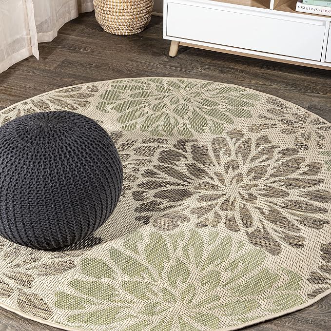 JONATHAN Y Floral Textured Weave Indoor Outdoor Round Area Rug 5 Ft Sage/Brown, Zinnia Modern for Backyard, Patio, Porch, Easy-Cleaning, High Traffic, Pet-Friendly, Non-Shedding (SMB110A-5R)