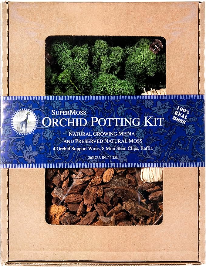 SuperMoss (90507) Orchid Potting Kit, Complete Orchid Care Set with Preserved Moss, Orchid Bark, Floral Clips and Stakes, 200 Cu. In., Reindeer Moss, Green