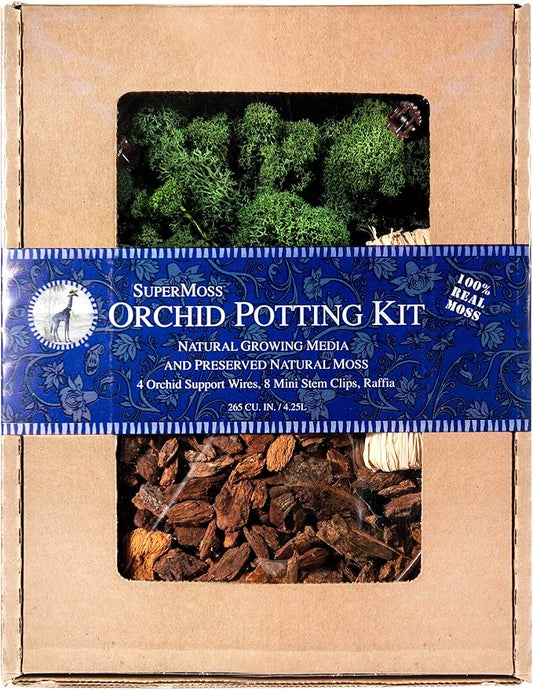 SuperMoss (90507) Orchid Potting Kit, Complete Orchid Care Set with Preserved Moss, Orchid Bark, Floral Clips and Stakes, 200 Cu. In., Reindeer Moss, Green
