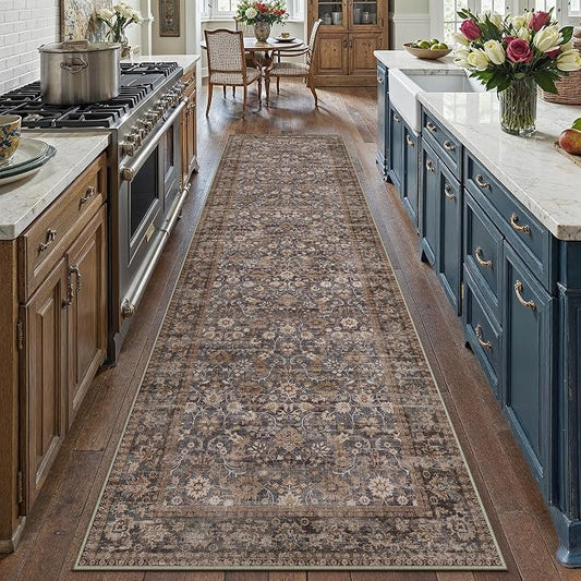 HUGEAR 3x10 Runner Rug Machine Washable Tradition Brown Hallway Area Rug Indoor Accent Rug Floral Low Pile Carpet Soft Throw Rug Bedroom Living Room Office Dining Room Kitchen Laundry Room Non Slip