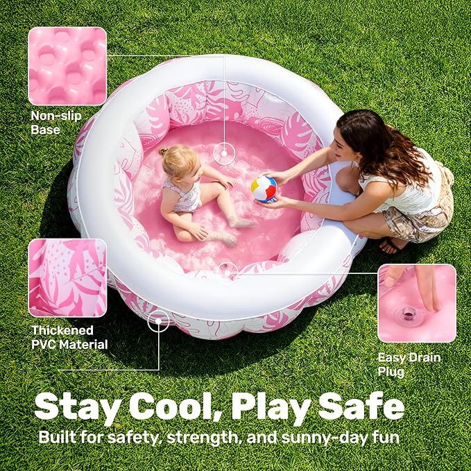 SLOOSH Inflatable Kiddie Pool for Kids, 36"x11" Swimming Pool with Soft Pad Floor for Kid & Toddler, Round Blow Up Baby Ball Play Pit Pools for Swim Party, Portable Indoor & Outdoor Water Toys (Pink)