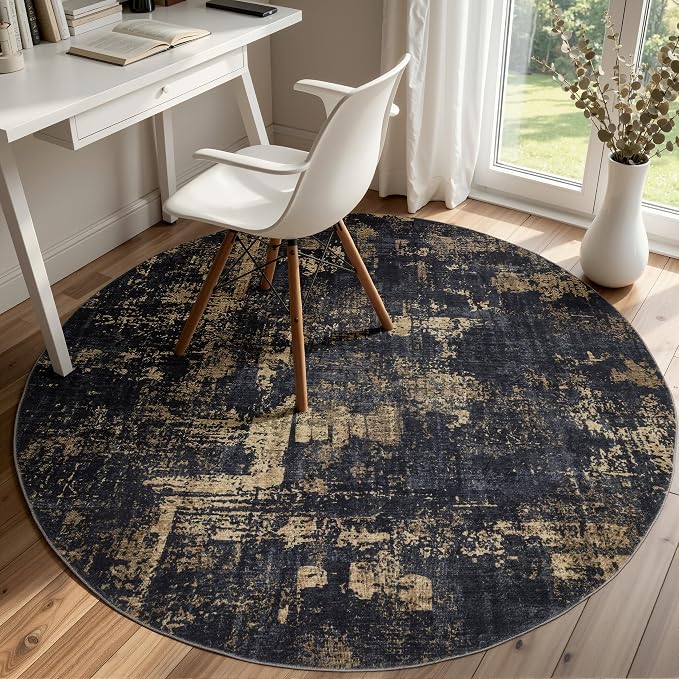 Sasttie 5ft Round Area Rug, Modern Abstract Circle Carpet, Black & Gold | Machine Washable, Ultra-Soft Faux Wool, Low Pile, Non-Slip, Lightweight, Thin, for Living Room, Bedroom, Dinning Room & Dorm
