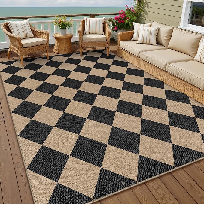PureCozy 5x8 Checkered Easy Jute Area Rug for Living Room Checkerboard Washable Indoor Outdoor Carpet Farmhouse Patio Office Mat Geometric Non Slip Black Carpet for Backyard Dining Room