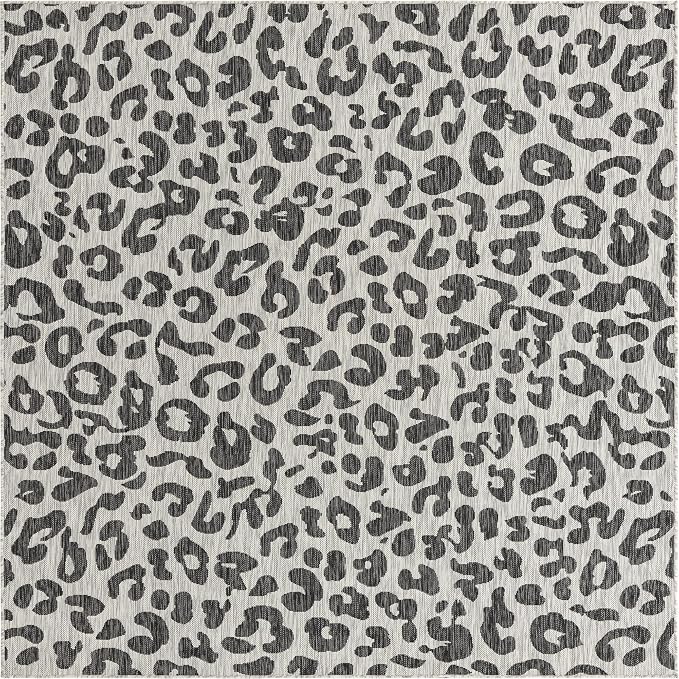 Unique Loom Outdoor Safari Collection Area Rug - Leopard (7' 10" Square, Light Gray/ Gray)