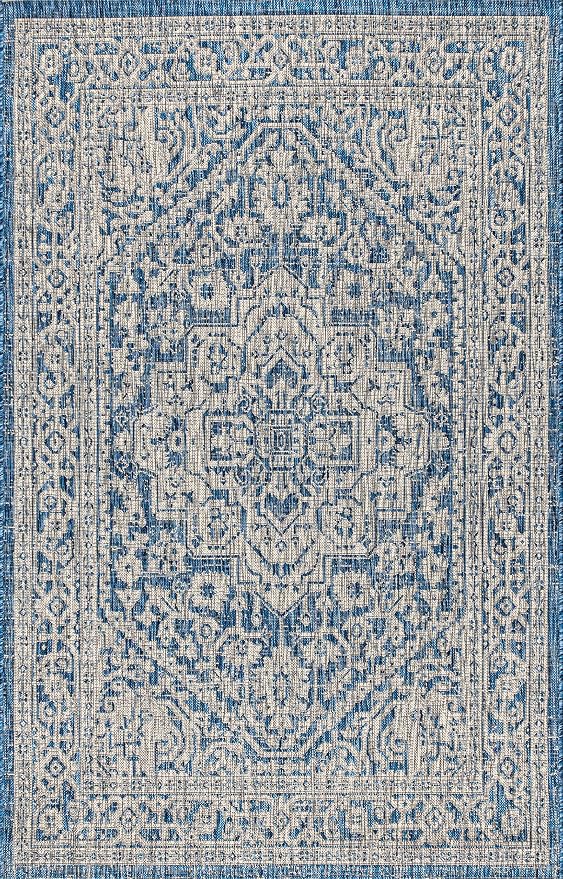 JONATHAN Y Medallion Weave Indoor Outdoor Area Rug 9X12 Navy/Gray, Sinjuri Textured for Backyard, Patio, Porch, Easy-Cleaning, High Traffic, Pet-Friendly, Non-Shedding (SMB101B-9)
