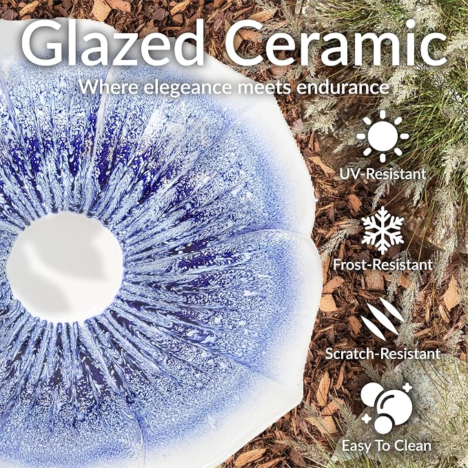 Sunnydaze Misty Blossom Ceramic Bird Bath for Outdoors - 23" H - UV-/ Frost-Resistant - Antique Bird Bath for Garden with White Pedestal/Blue Bowl