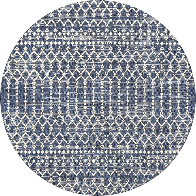 JONATHAN Y Moroccan Geometric Indoor Outdoor Round Area Rug 9 Ft Navy/Beige, Ourika Textured Weave for Backyard, Patio, Porch, Easy-Cleaning, High Traffic, Pet-Friendly, Non-Shedding (SMB108K-9R)
